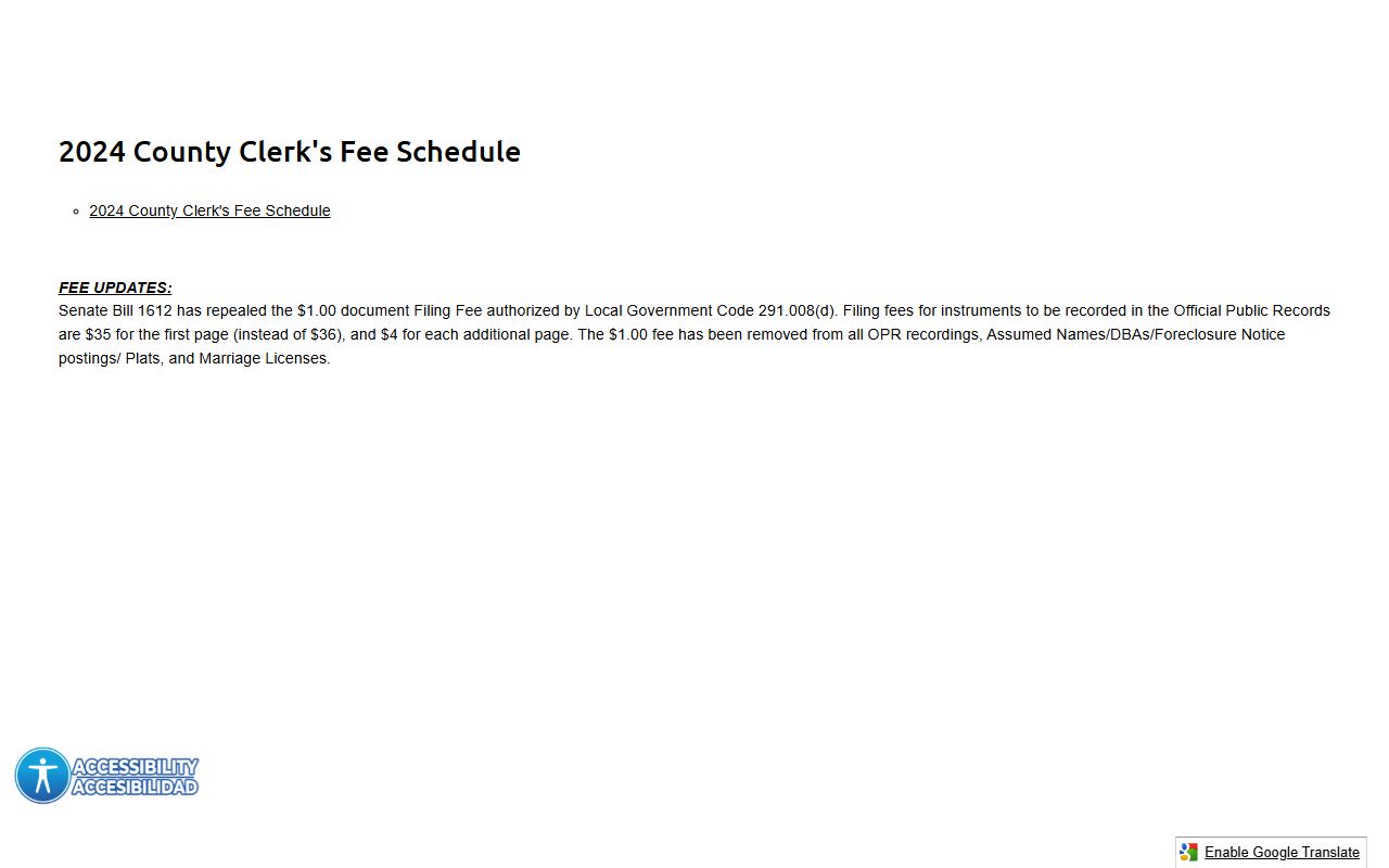 Hidalgo County Clerk fee schedule for marriage records